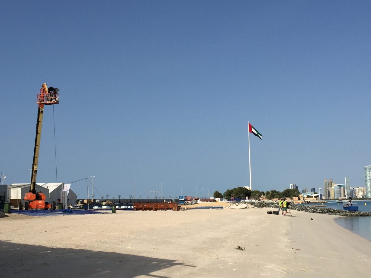 The GyroTracker on a cherry picker, 20m above the beach in Abu Dhabi, tracking broadcast camera for Red Bull Air Race.