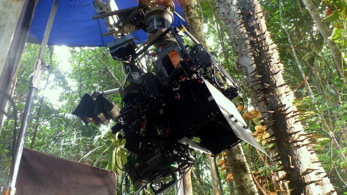 Heavy 3D stereoscopic mirror rig on Lambda remote head in Amazon rainforest