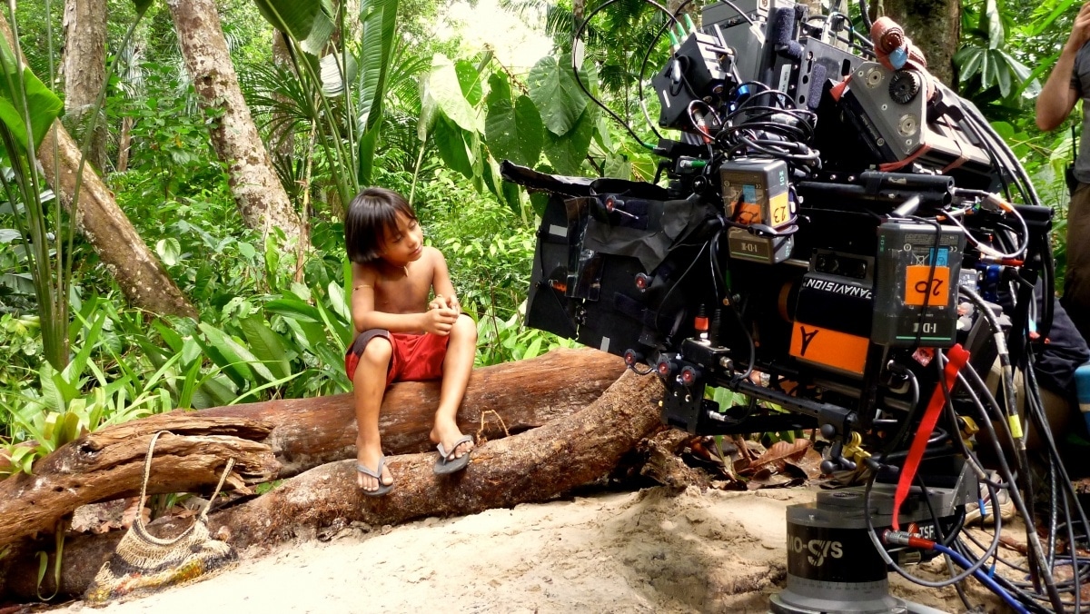 Heavy camera rig on Mo-Sys Lambda remote head shooting scenes in Amazon rainforest.