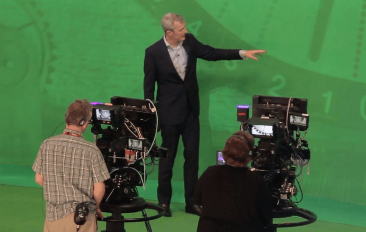 Two StarTracker on pedestals and Jeremy Vine pointing at the virtual Swingometer.