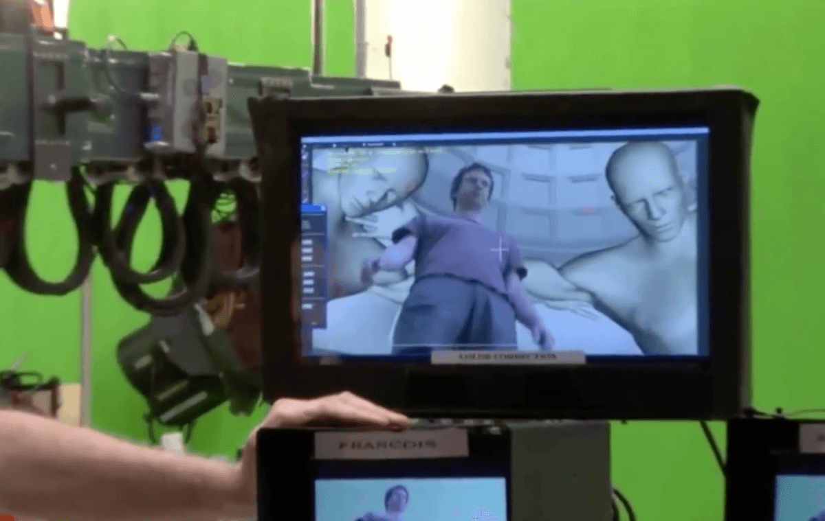 Henry Cavill rehearsing scene. Genie gives realtime on-set previs with CG elements.
