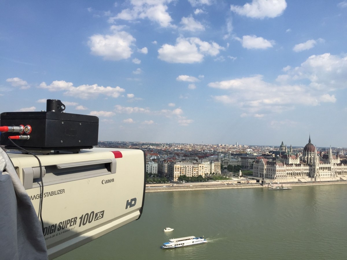 GyroTracker on 100x lens on swaying cherry picker 80m above the Danube for Red Bull Air Race in Budapest.