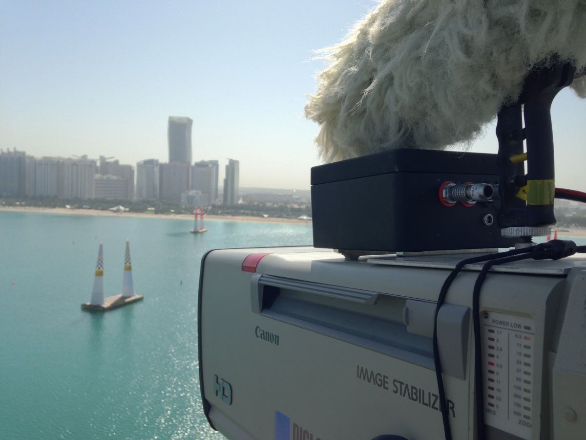 GyroTracker mounted to 100x box lens on a cherry picker 70 metres above Abu Dhabi bay.